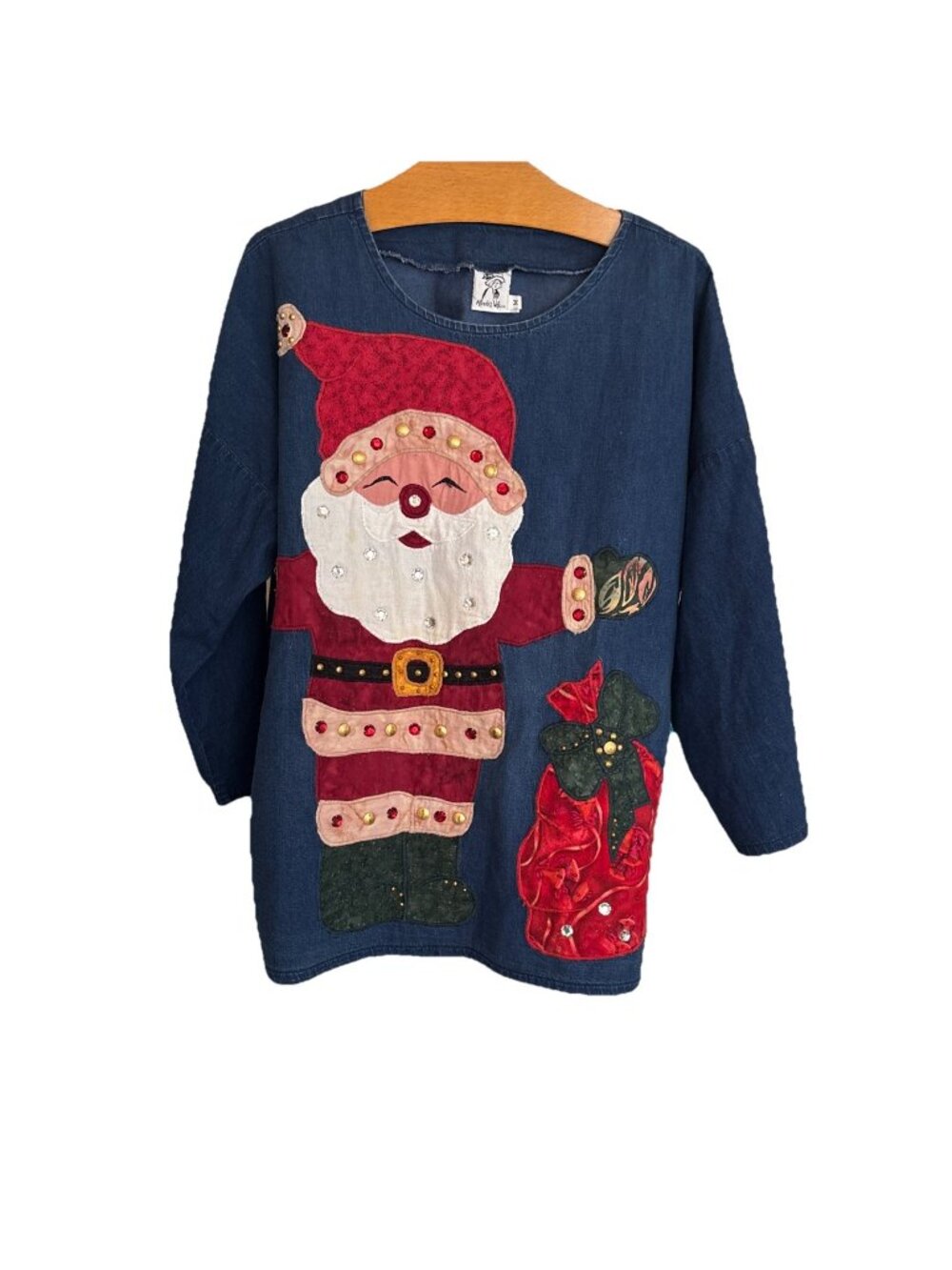 ALFREDO'S WIFE Denim Pullover Top With Santa Appliqués Art To Wear USA Vintage M